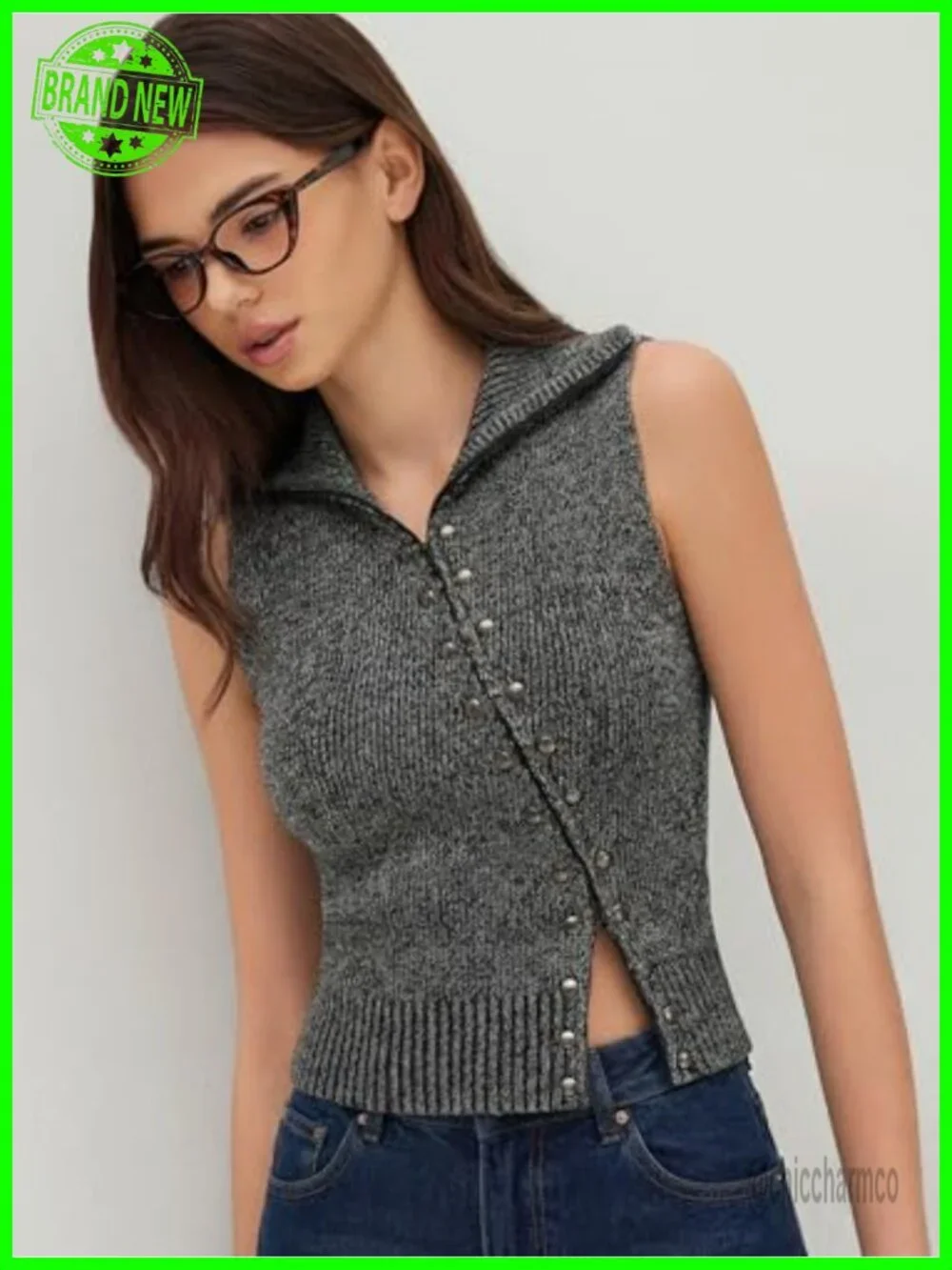 Women's Cropped Sweater Vest Rivet Sleeveless Turtleneck Zip Up Cardigan